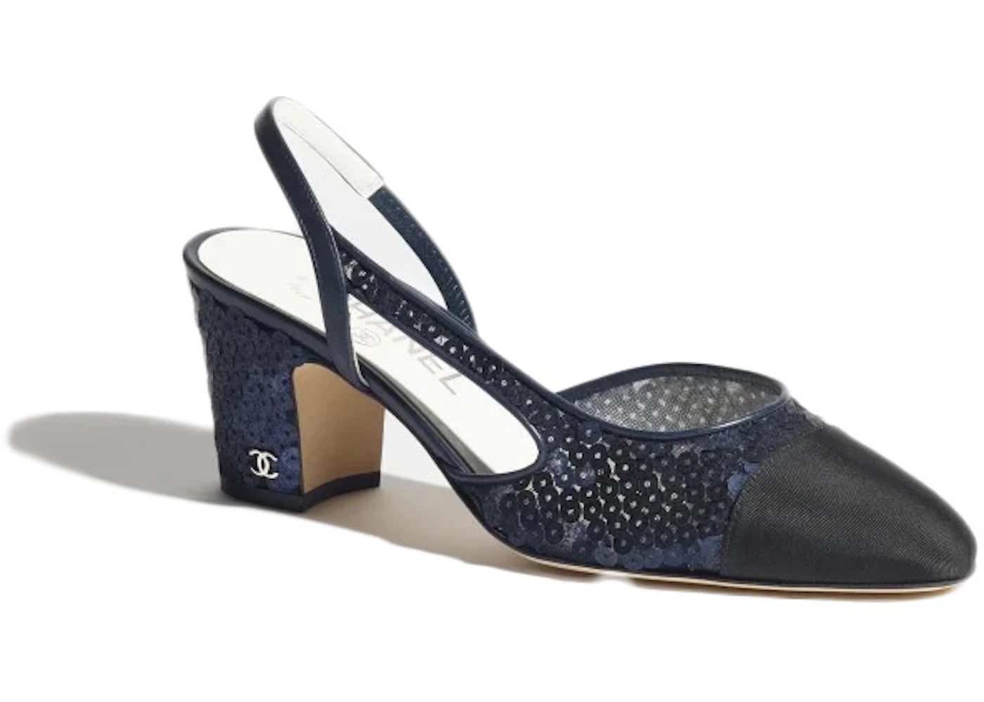 Chanel Glitter Muslin 65mm Slingbacks Navy Grosgrain