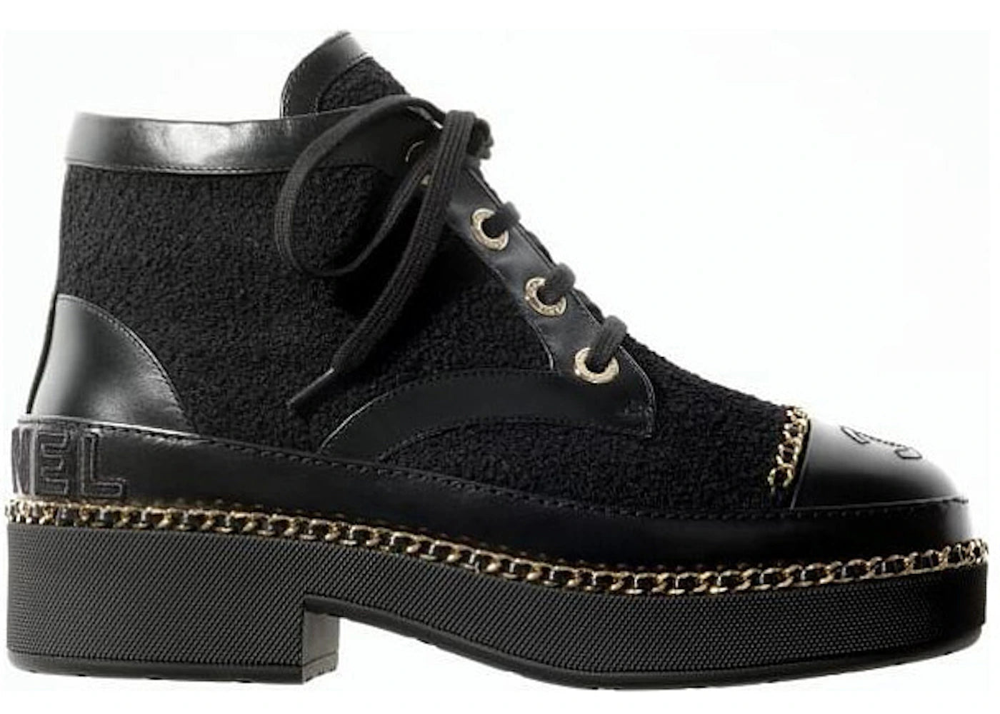 Chanel Lace Ups Ankle Boot Black Tweed