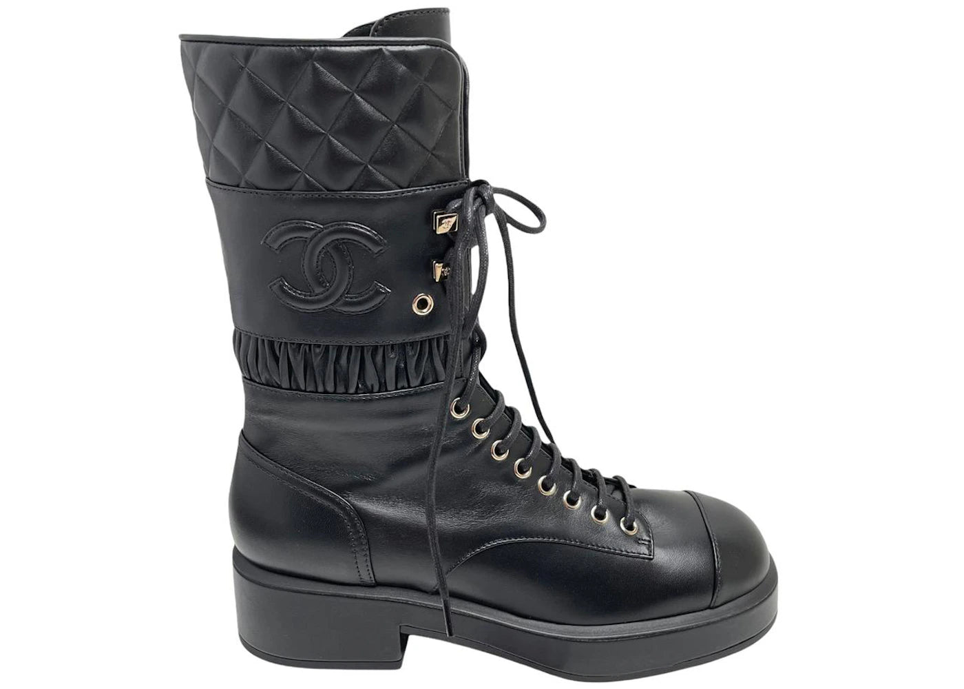 Chanel Lace Ups Combat Boot Black Leather