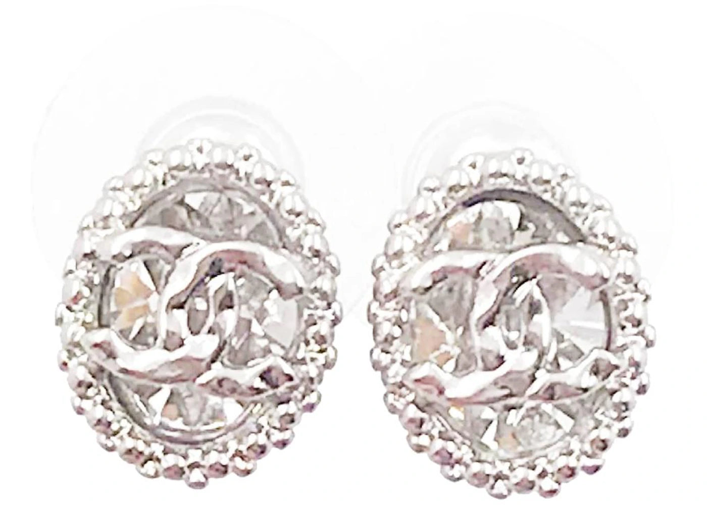 Chanel Oval CC Crystal Earrings Silver
