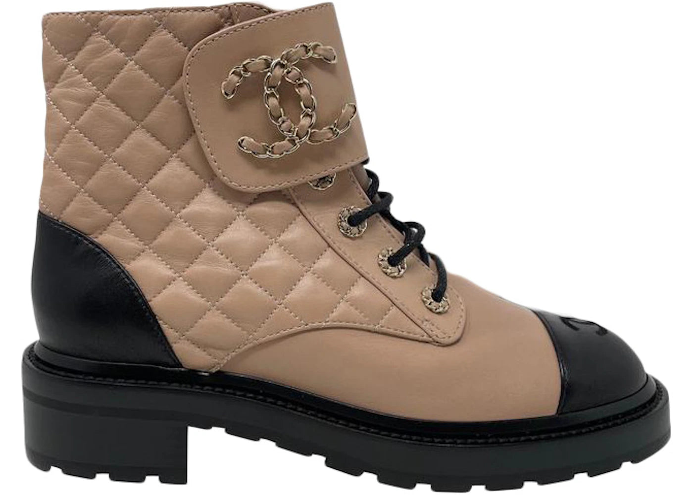 Chanel Quilted Lace Up Combat Boot Beige Leather