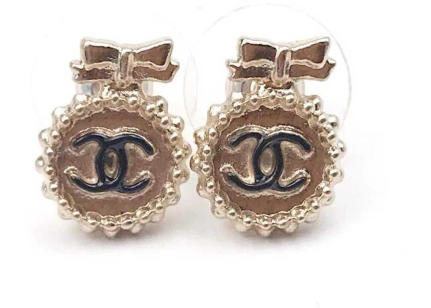 Chanel Round Button Bow Earrings Black/Gold