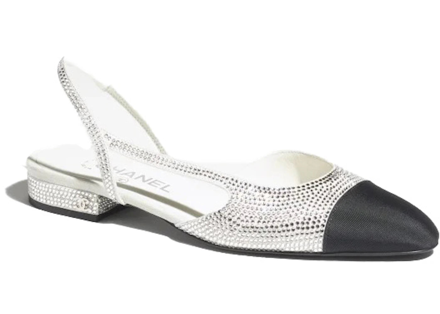 Chanel Strass 20mm Slingbacks Silver Black Grosgrain