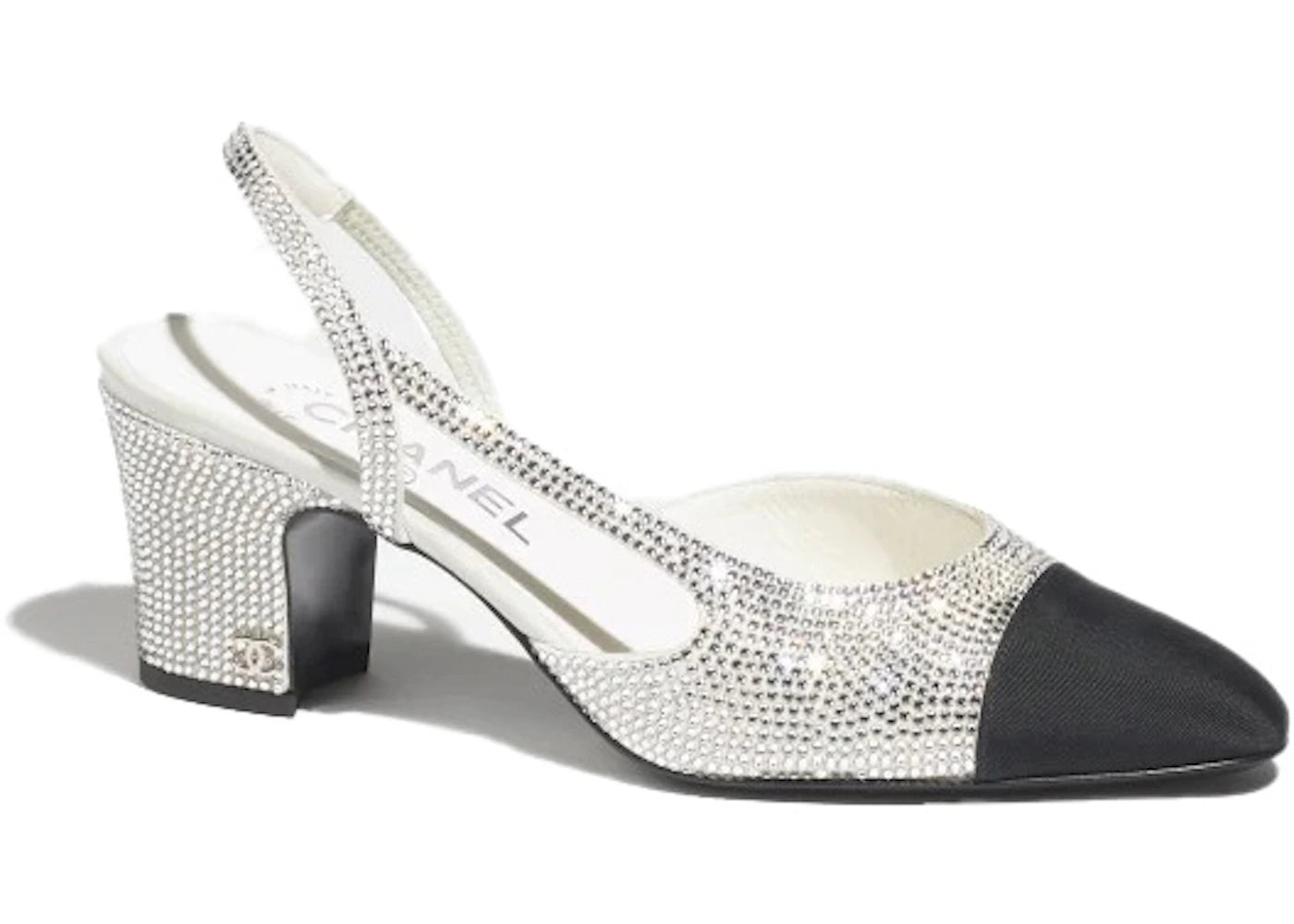 Chanel Strass 65mm Slingbacks Silver Black Grosgrain