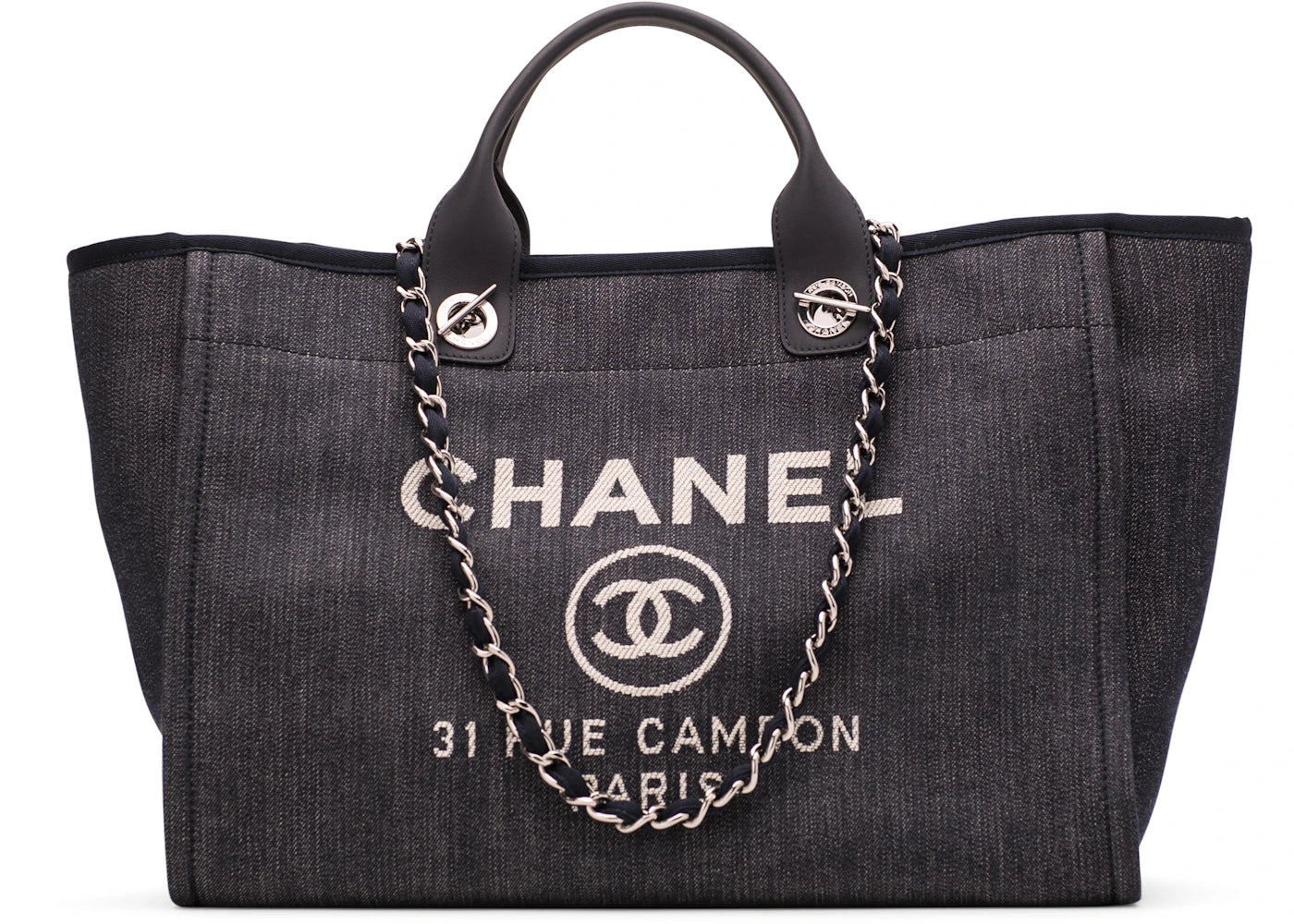 Chanel Deauville Tote Denim Silver-tone Large Dark Blue