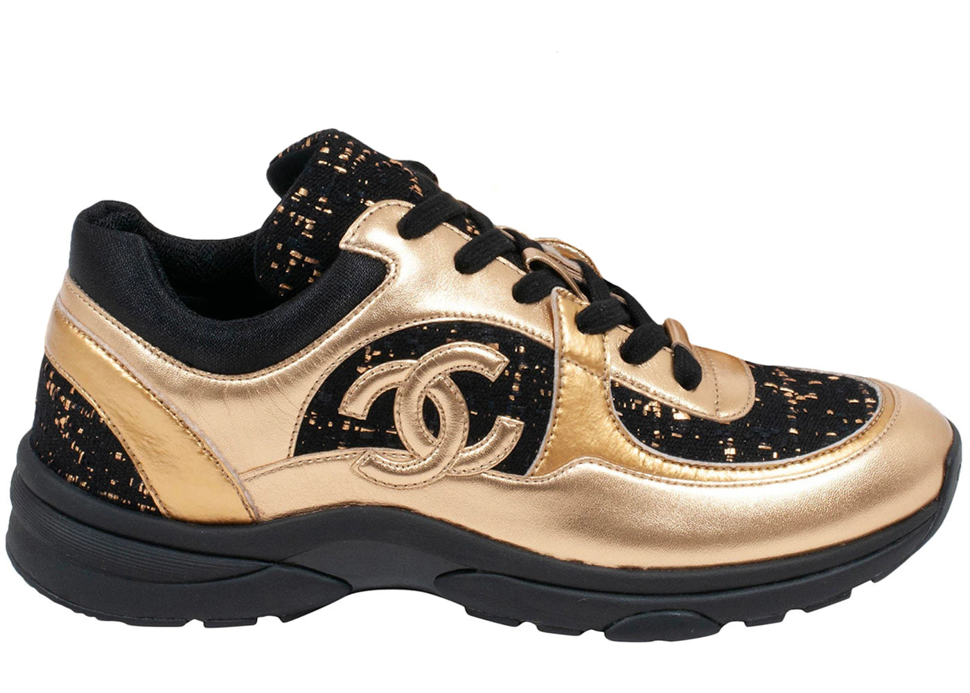 Chanel Tweed Leather CC Logo Trainer Black Gold (Women's)