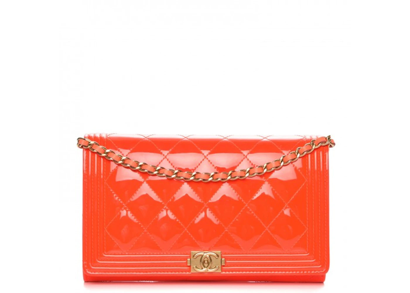 Chanel Boy Wallet on Removable Chain Quilted Diamond Patent Leather/Calfskin Orange