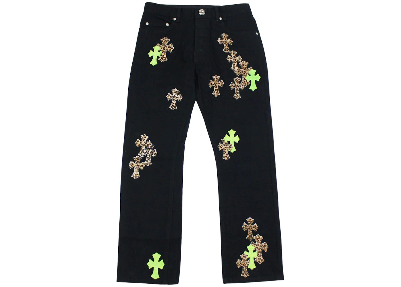 Chrome Hearts Green & Leopard Cross Patch Jeans Black