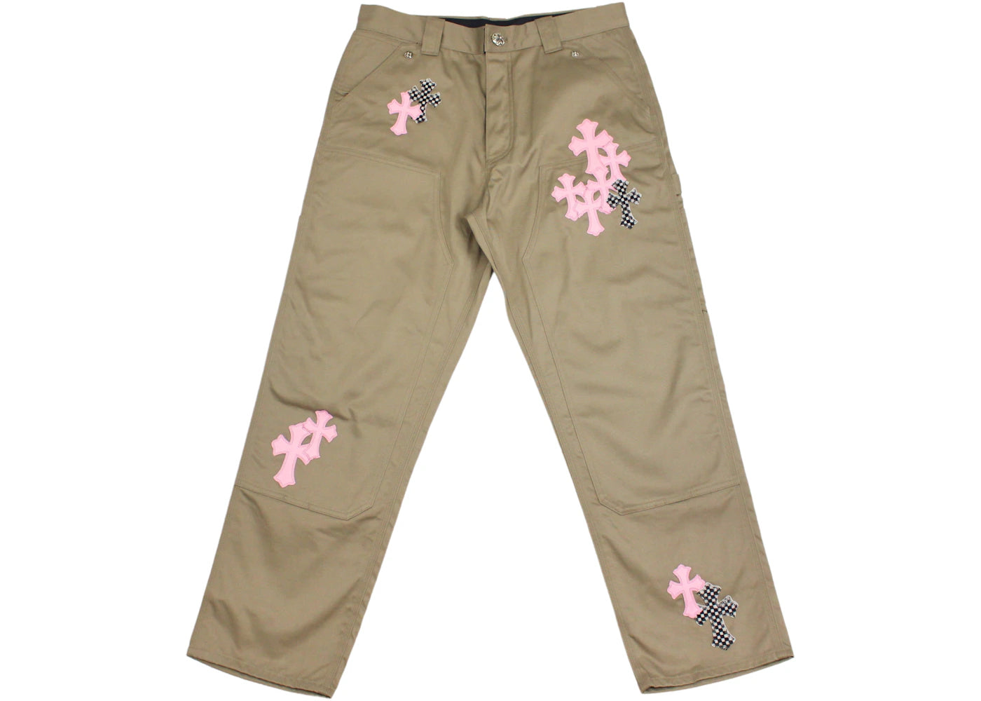 Chrome Hearts Pink & Checkered Cross Patch Carpenter Pants Tan