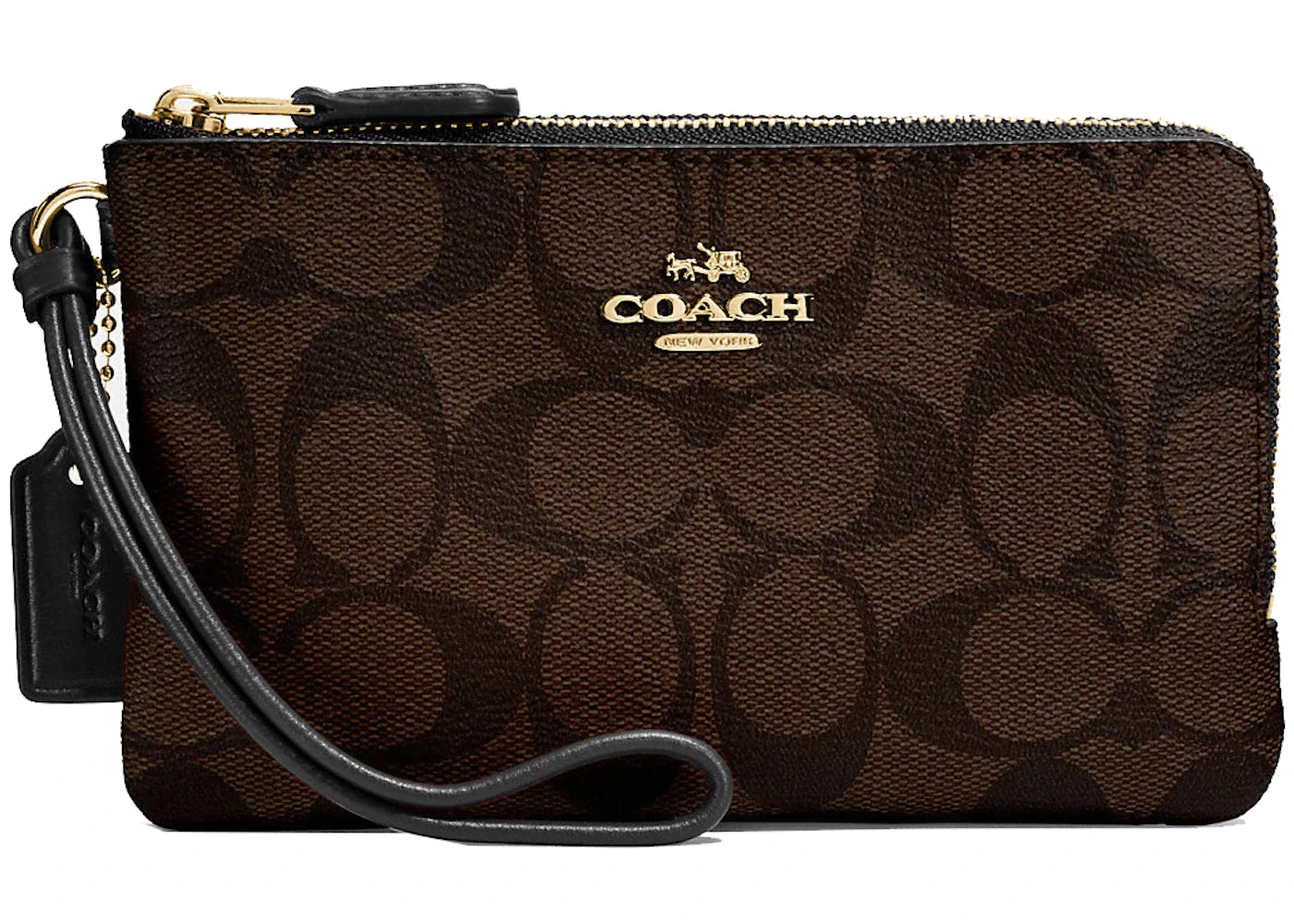 Coach Double Corner Zip Wristlet Large Signature Canvas Brown/Black