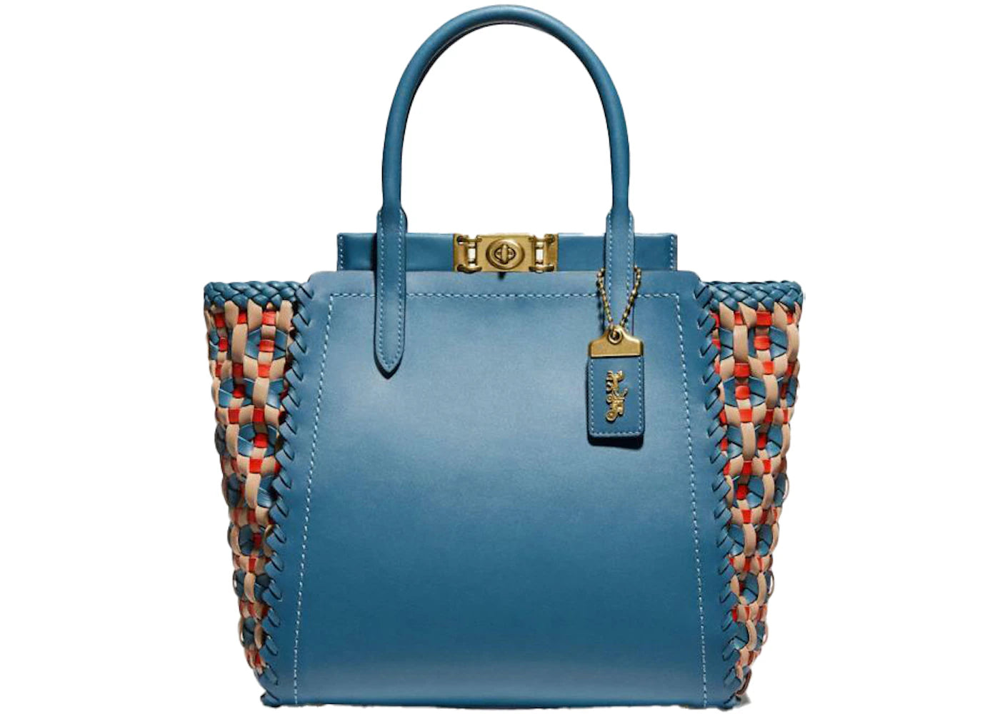 Coach Troupe Tote Leather Weaving Bag Medium Lake Blue/Brass