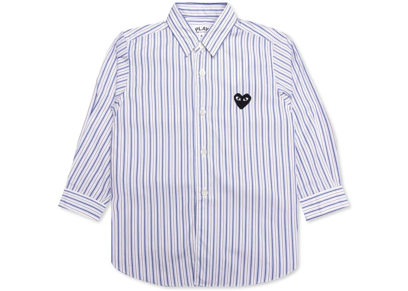 Comme des Garcons Play Kid's Black Emblem Striped Button Up Shirt Blue/White/Brown