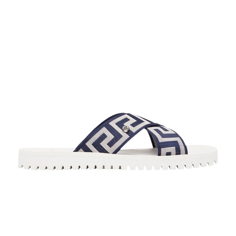 Versace Greca-Print Crossover-Strap Slide Navy White