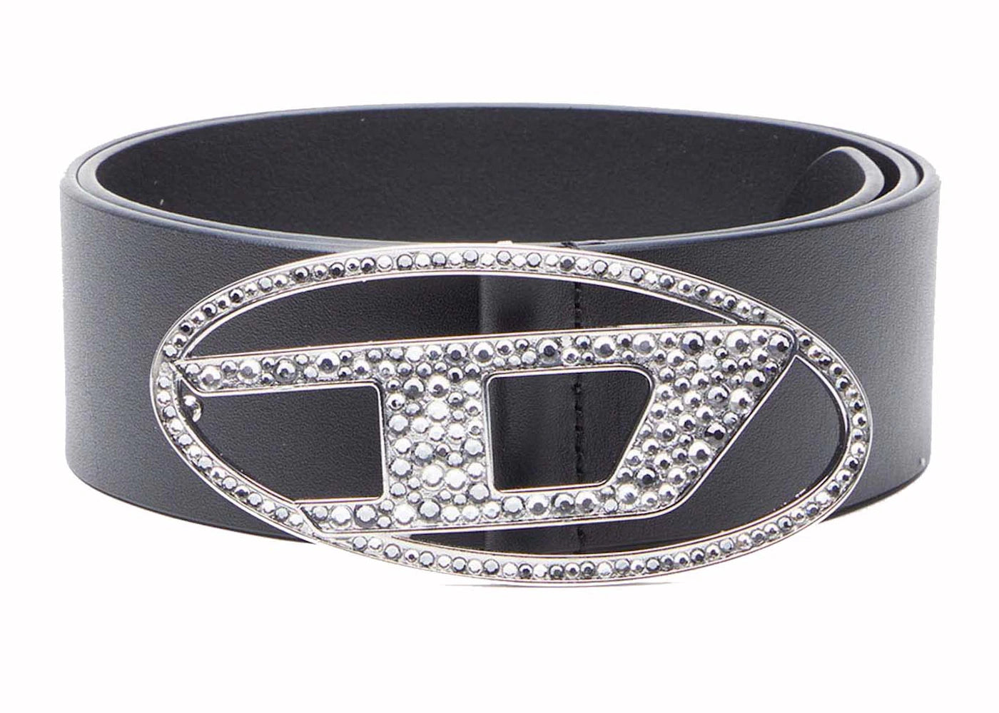 Diesel (W) B-1DR 50 Strass Leather Belt with Rhinestone Logo Buckle Black