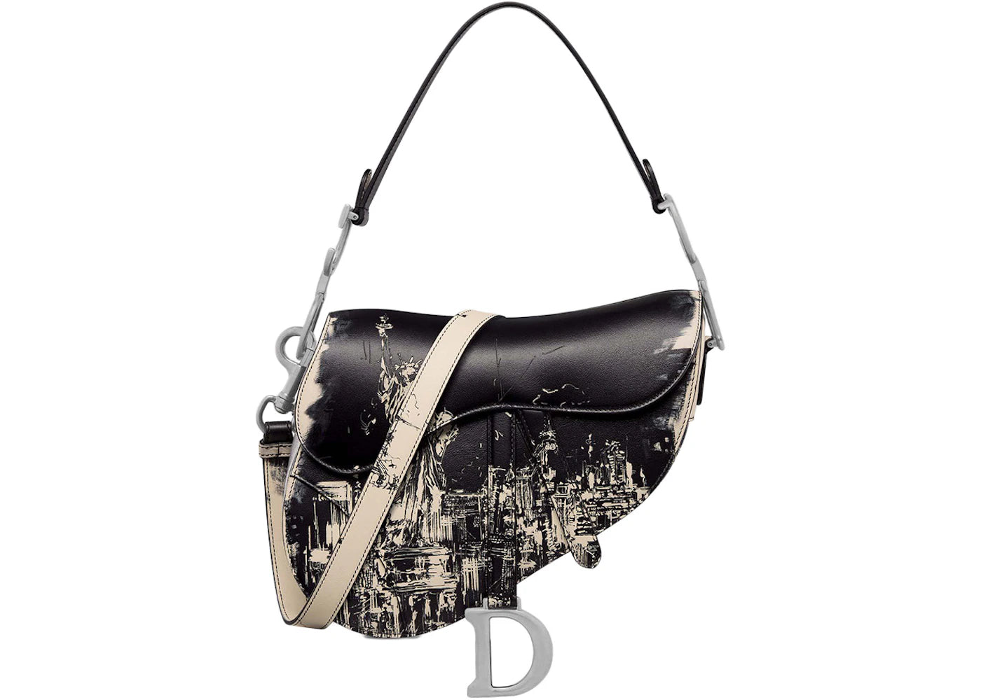 Dior Saddle Bag with Strap Black and White Calfskin with New York Print