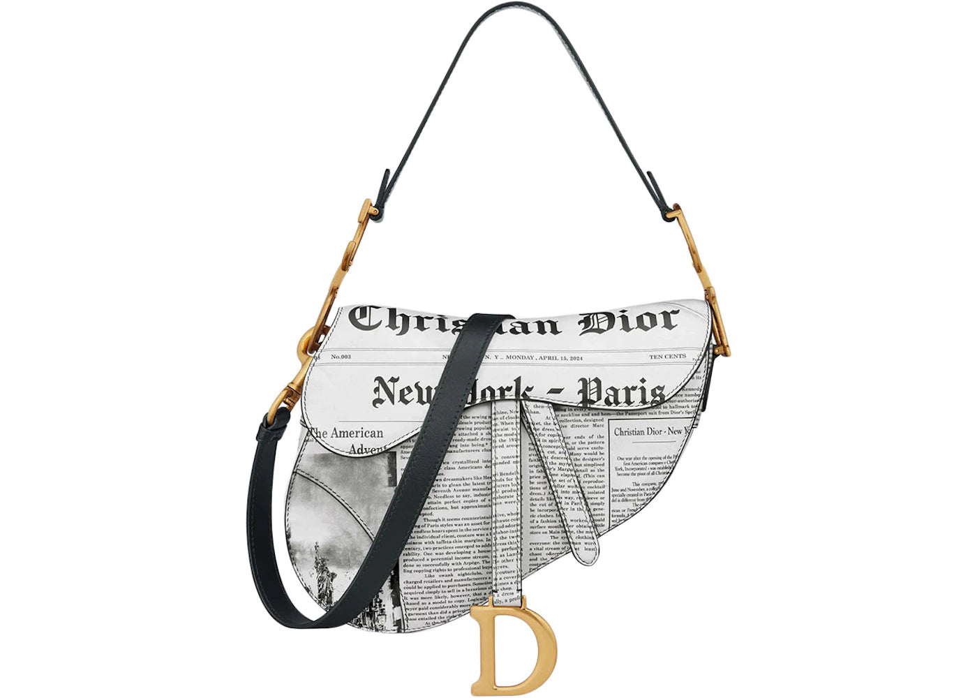 Dior Saddle Bag with Strap White and Black Calfskin with Newspaper Print