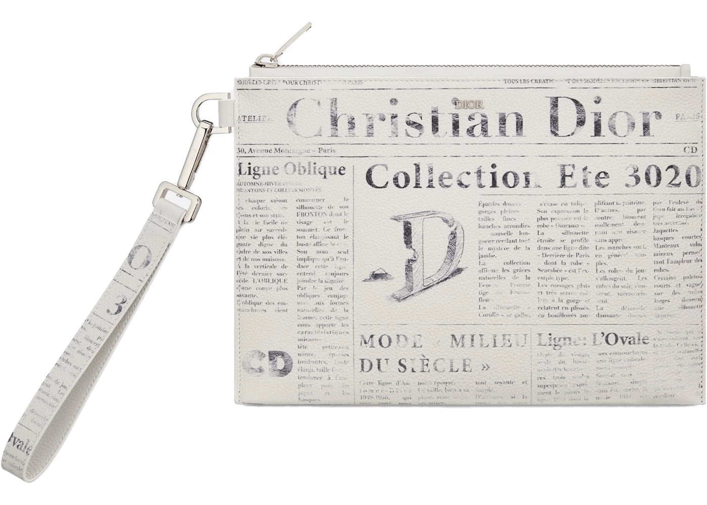 Dior x Daniel Arsham Zip Pouch Newspaper Print Grained Calfskin White