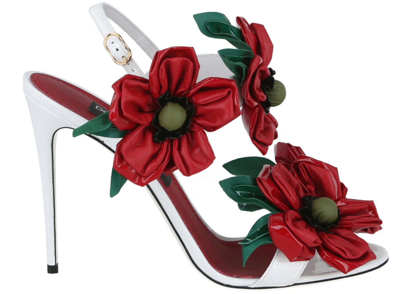 Dolce & Gabbana Patent Leather Floral Embellishment Sandals White Red Multi (Women's)