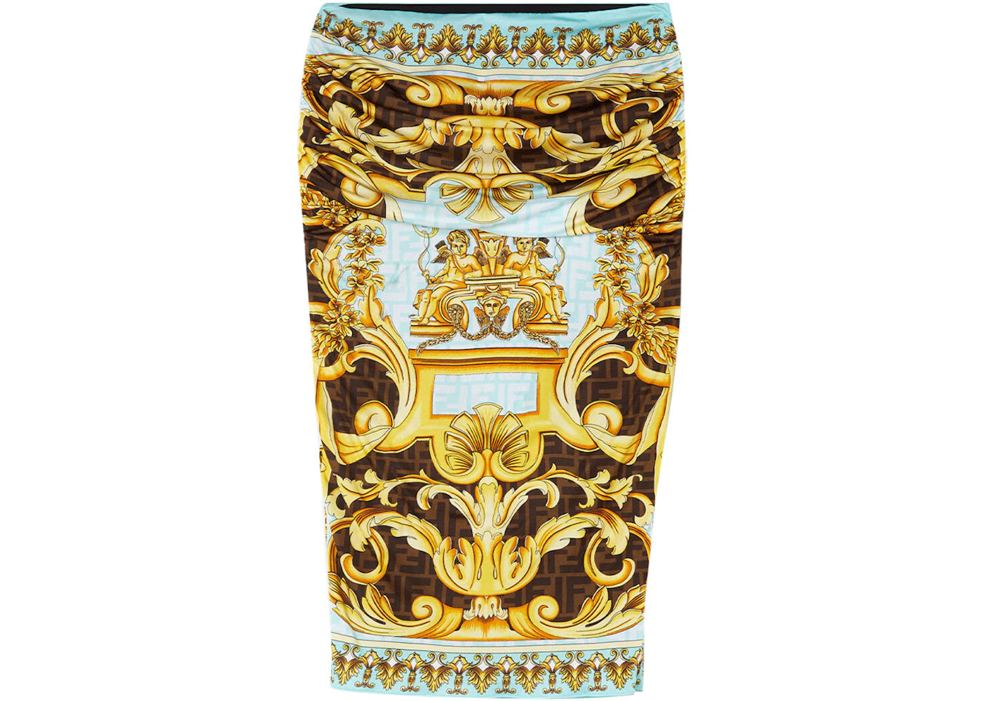 Fendi Fendace Baroque Ruched Midi Skirt Gold/Blue