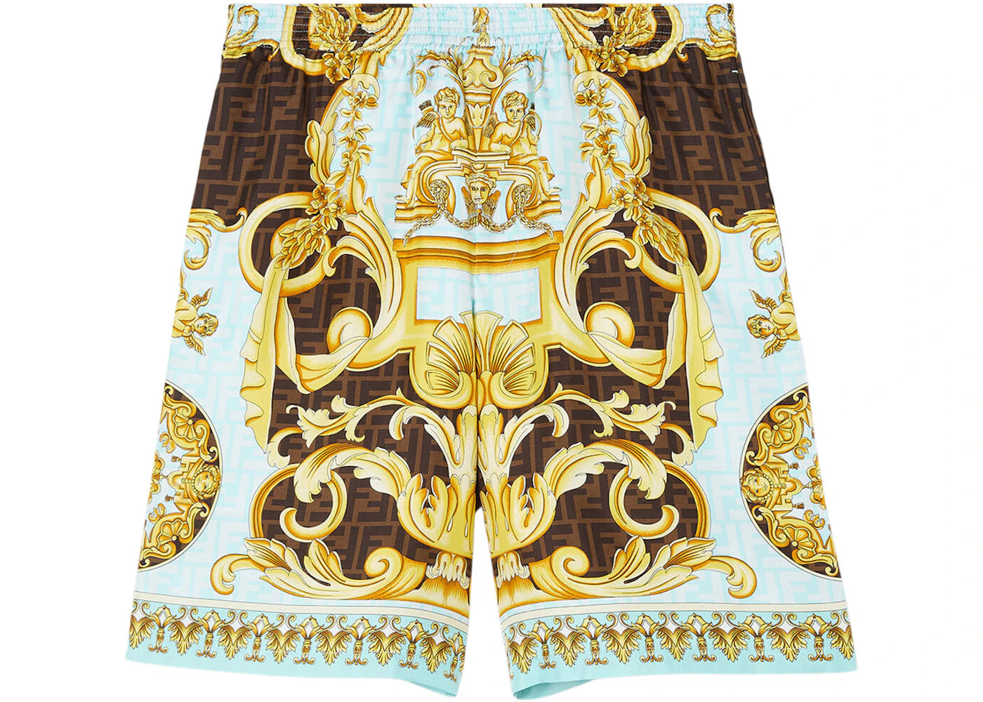 Fendi Fendace Baroque Silk Shorts Gold/Blue