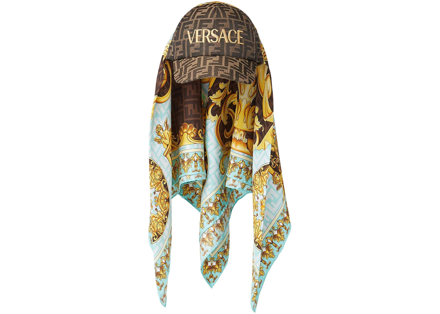 Fendi Fendace FF Silk Foulard Cap Brown/Gold Baroque Print