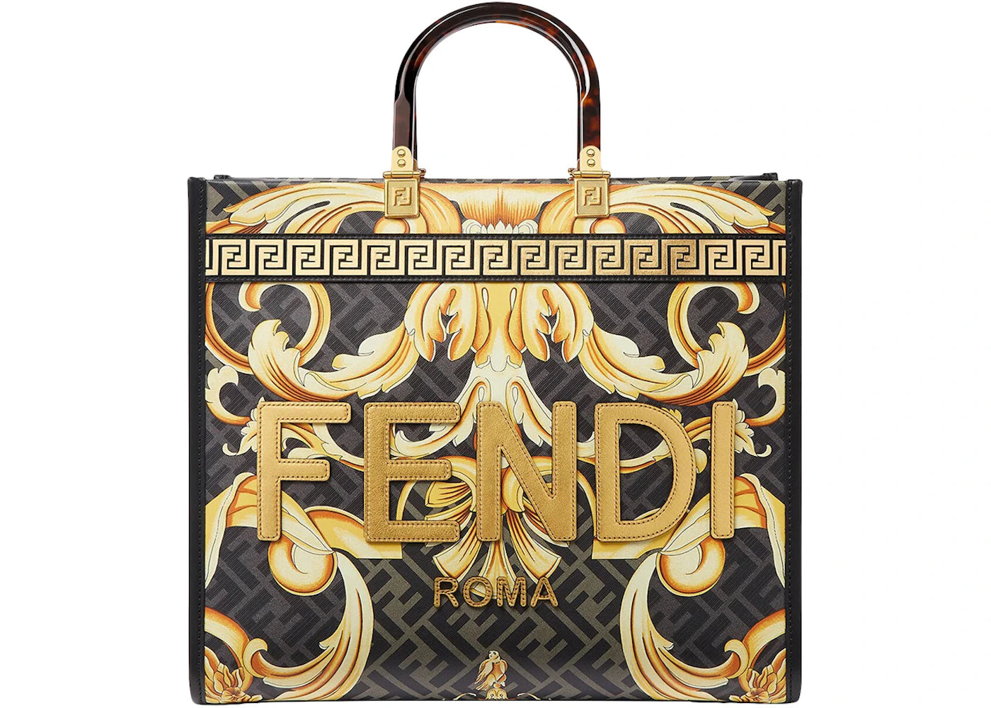 Fendi Fendace Sunshine Tote Bag Gold Baroque Print