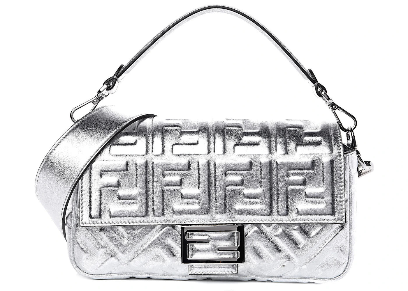 Fendi Silver Metallic Nappa Embossed Baguette Large Argento/Palladio