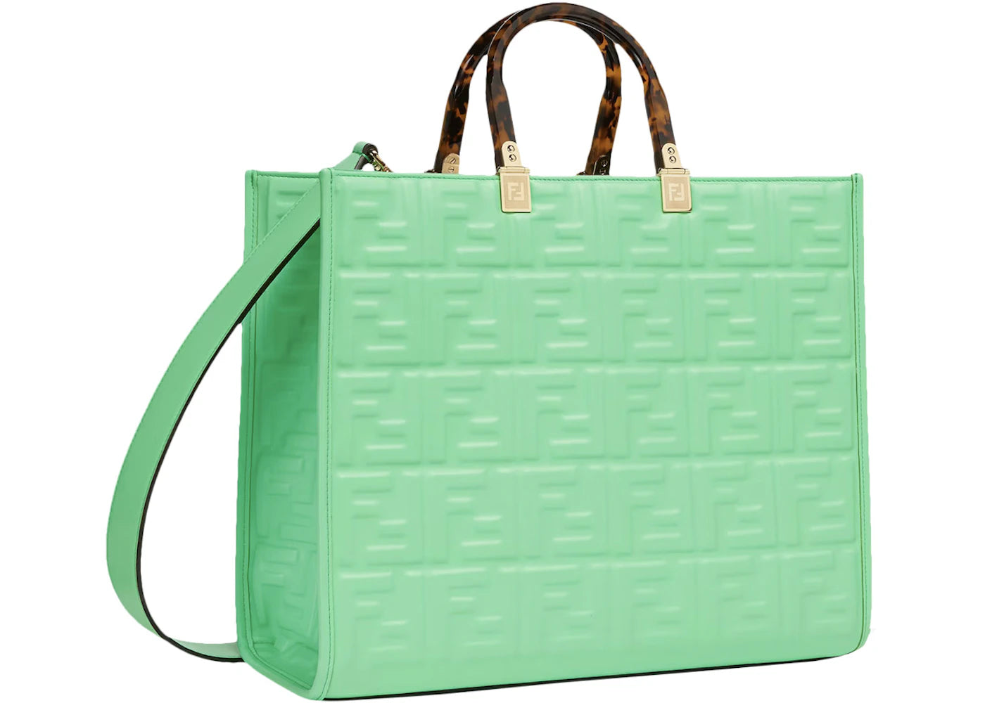 Fendi Sunshine Medium Green Leather Shopper With FF Motif Green