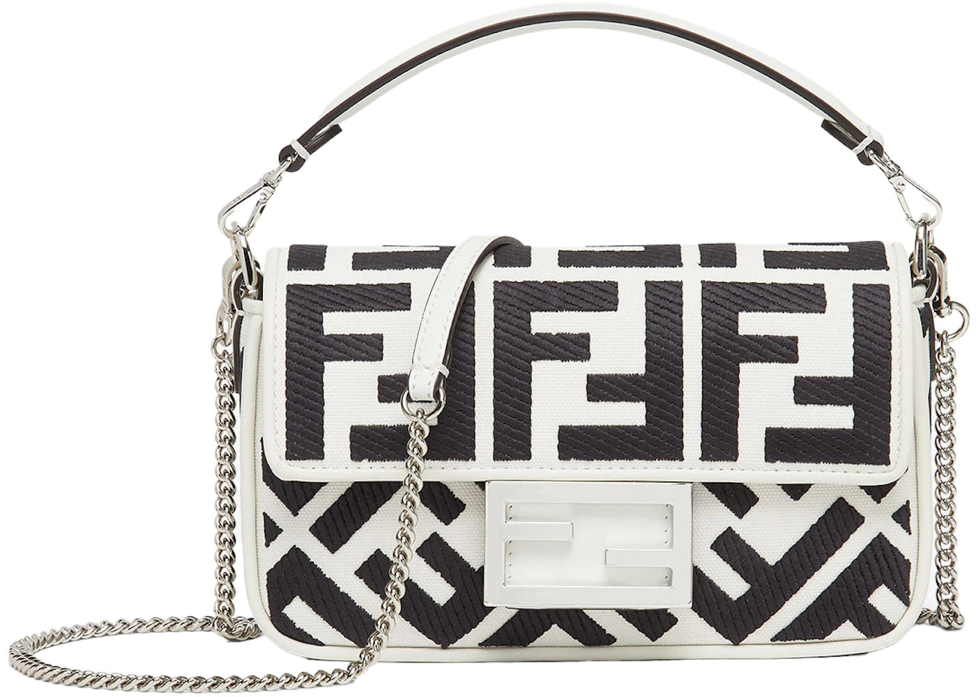 Fendi by Marc Jacobs Baguette Mini White and Black Canvas Bag with FF Embroidery