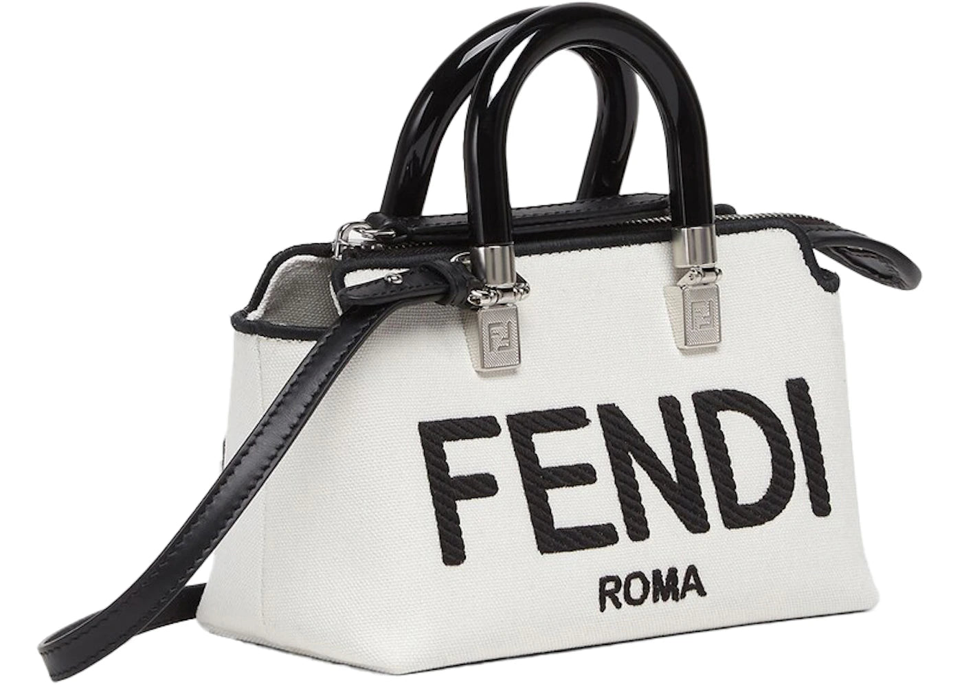 Fendi by Marc Jacobs By The Way Mini White Canvas Small Boston Bag with Fendi Roma Embroidery