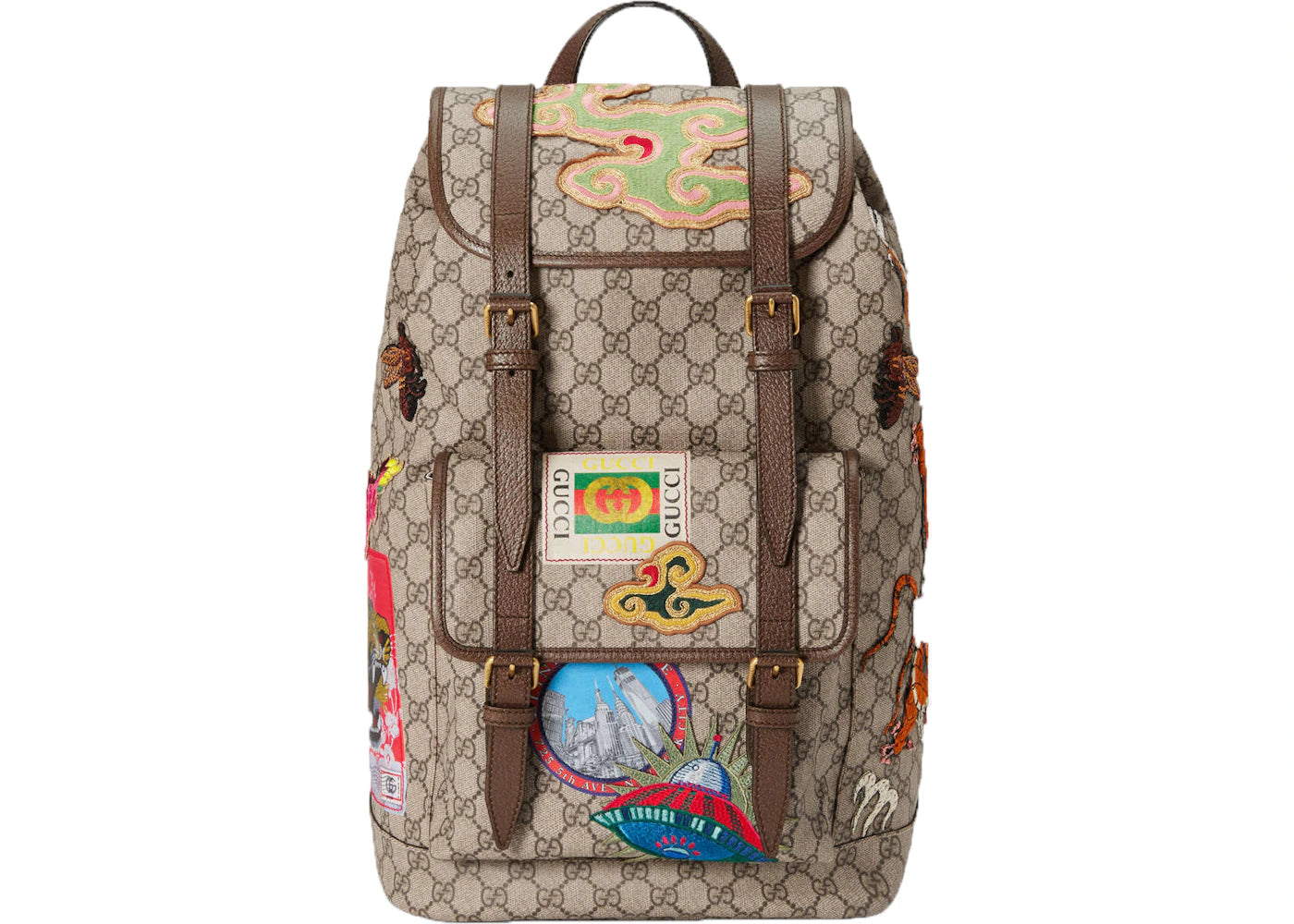 Gucci Courrier Soft Backpack GG Supreme Embroidered Patches Beige/Ebony/Multicolor