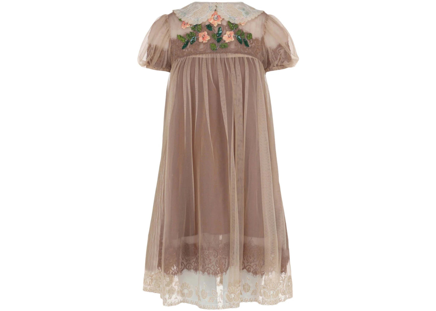 Gucci Crystal-Embellished Lace Babydoll Dress Beige