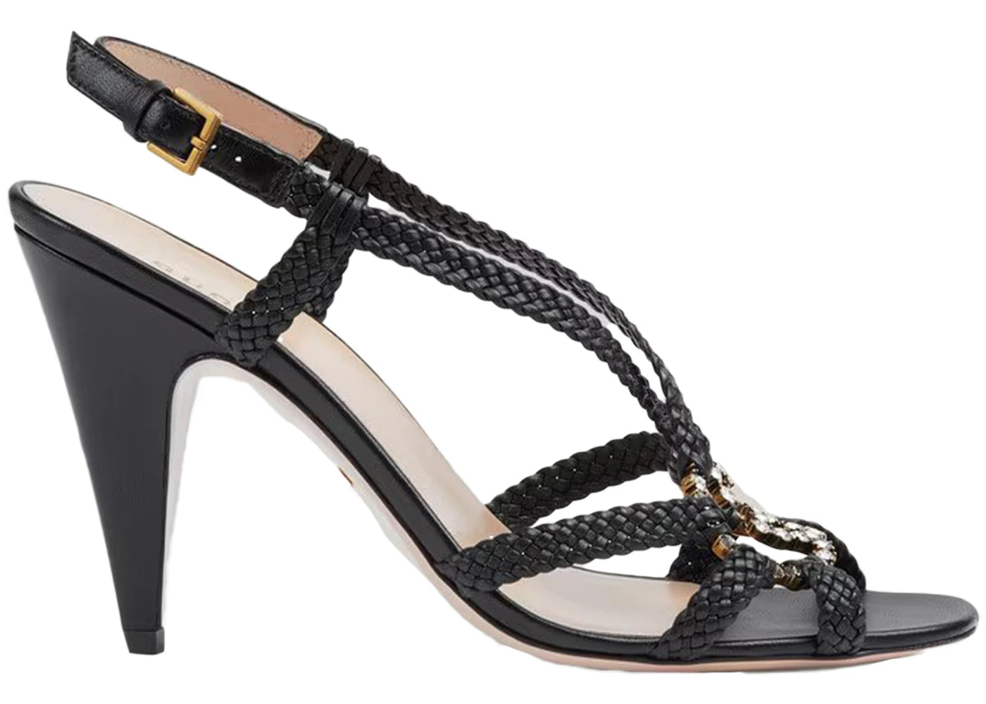 Gucci Crystal Interlocking G Heeled Sandals Black Braided Leather