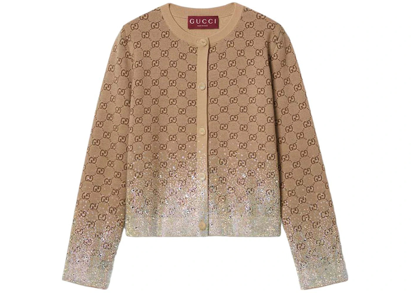 Gucci Crystals Embroidered Wool GG Jacquard Cardigan Beige/Dark Brown
