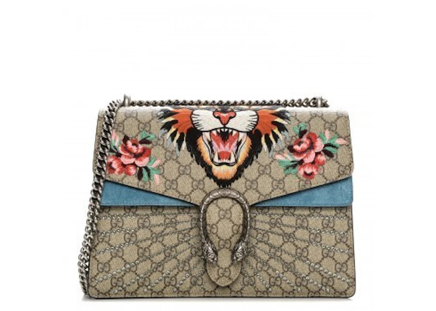 Gucci Dionysus Shoulder Bag GG Supreme Monogram Embroidered Angry Cat Medium Light Blue