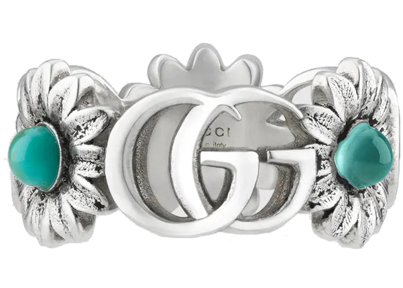 Gucci Double G Flower Ring Blue Topaz Stones Silver