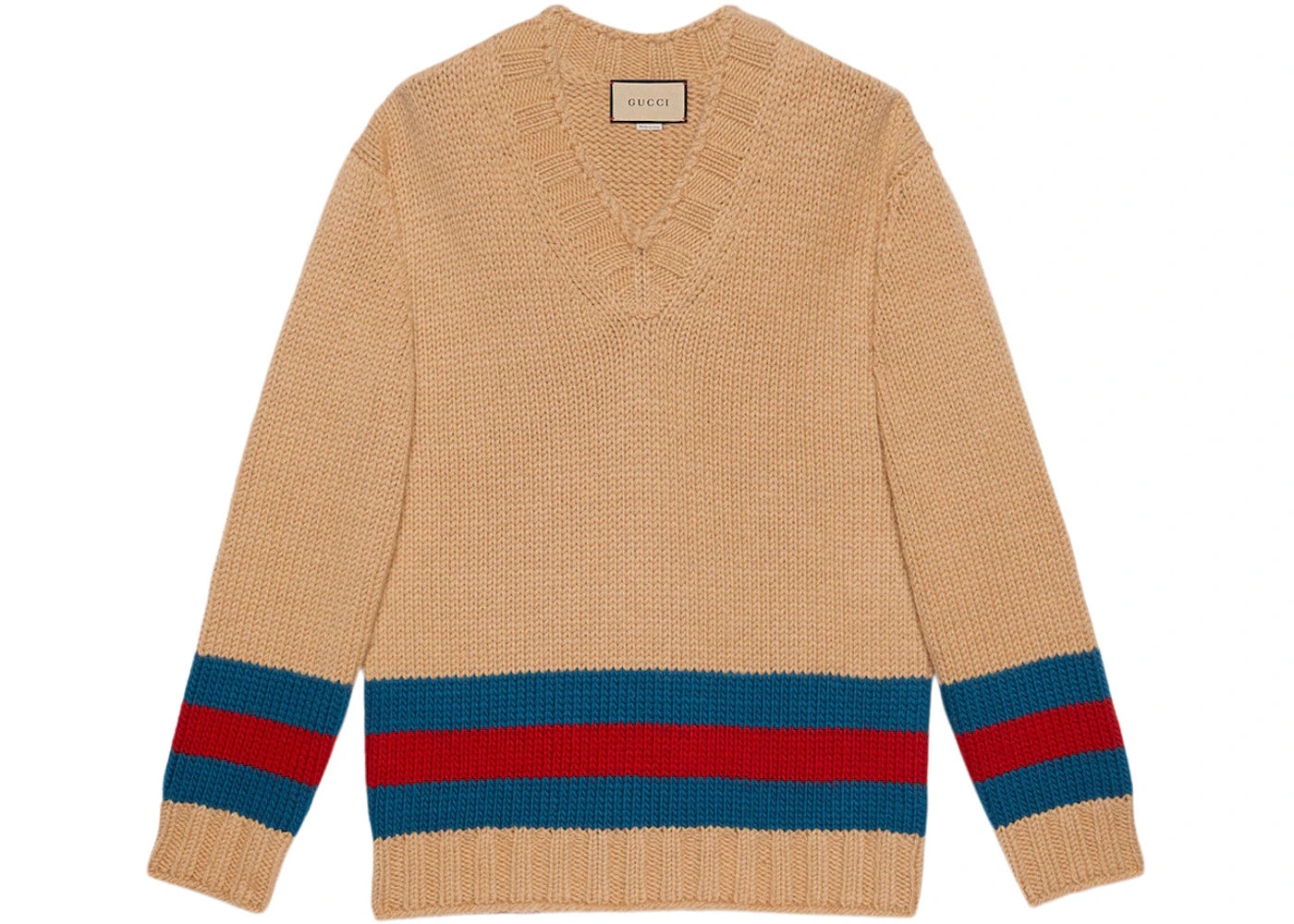 Gucci Fine Mohair Wool Webbed Sweater Camel/Red/Green