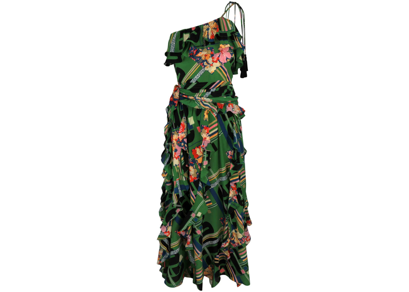 Gucci Floral Check-Print Ruffled Silk-Crepe Dress Green Black