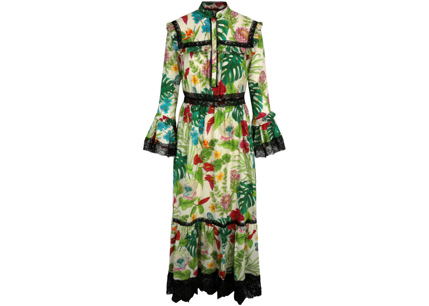 Gucci Floral-Print Lace-Trim Muslin Dress Multi