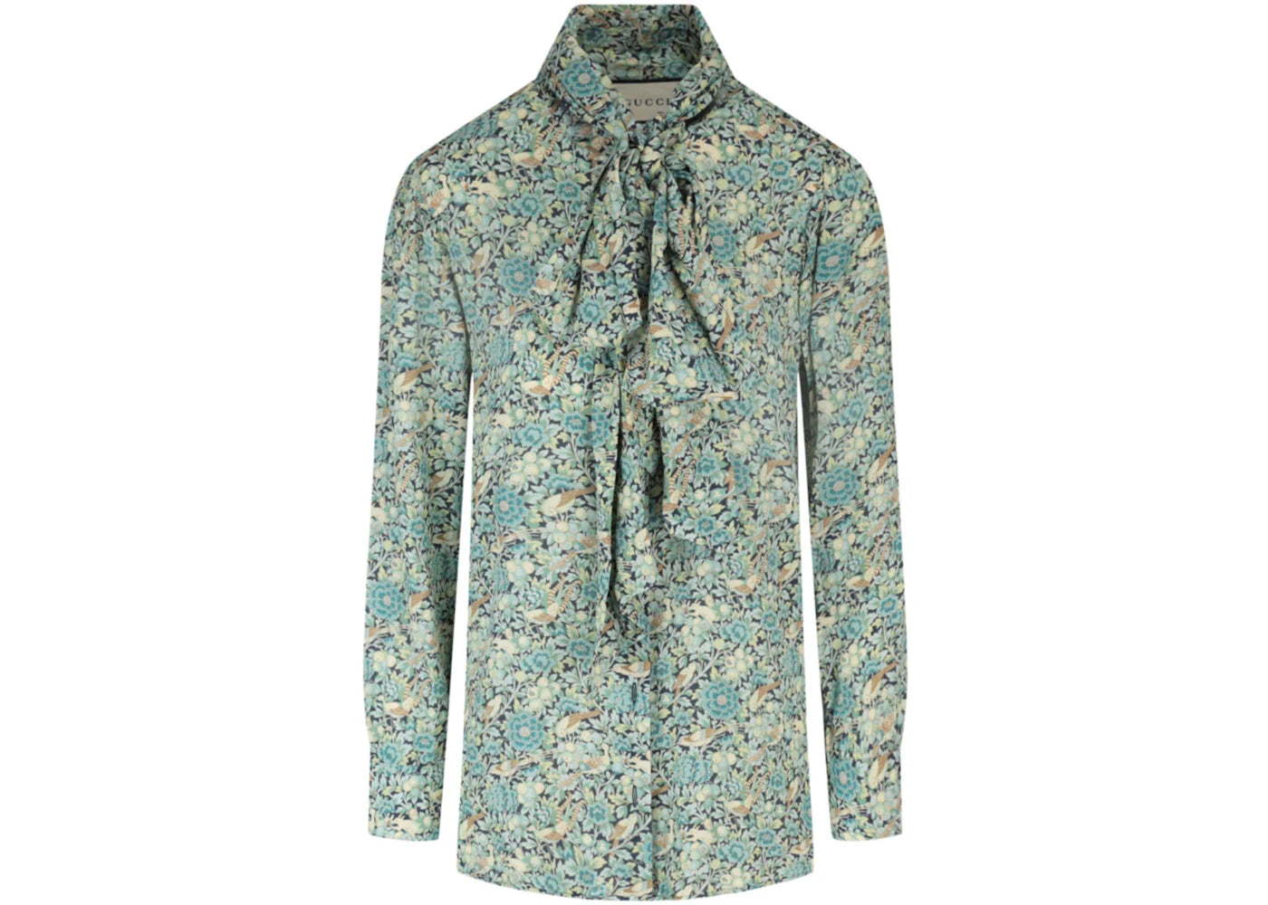 Gucci Floral Print Tie Neck Long Sleeve Blouse Blue