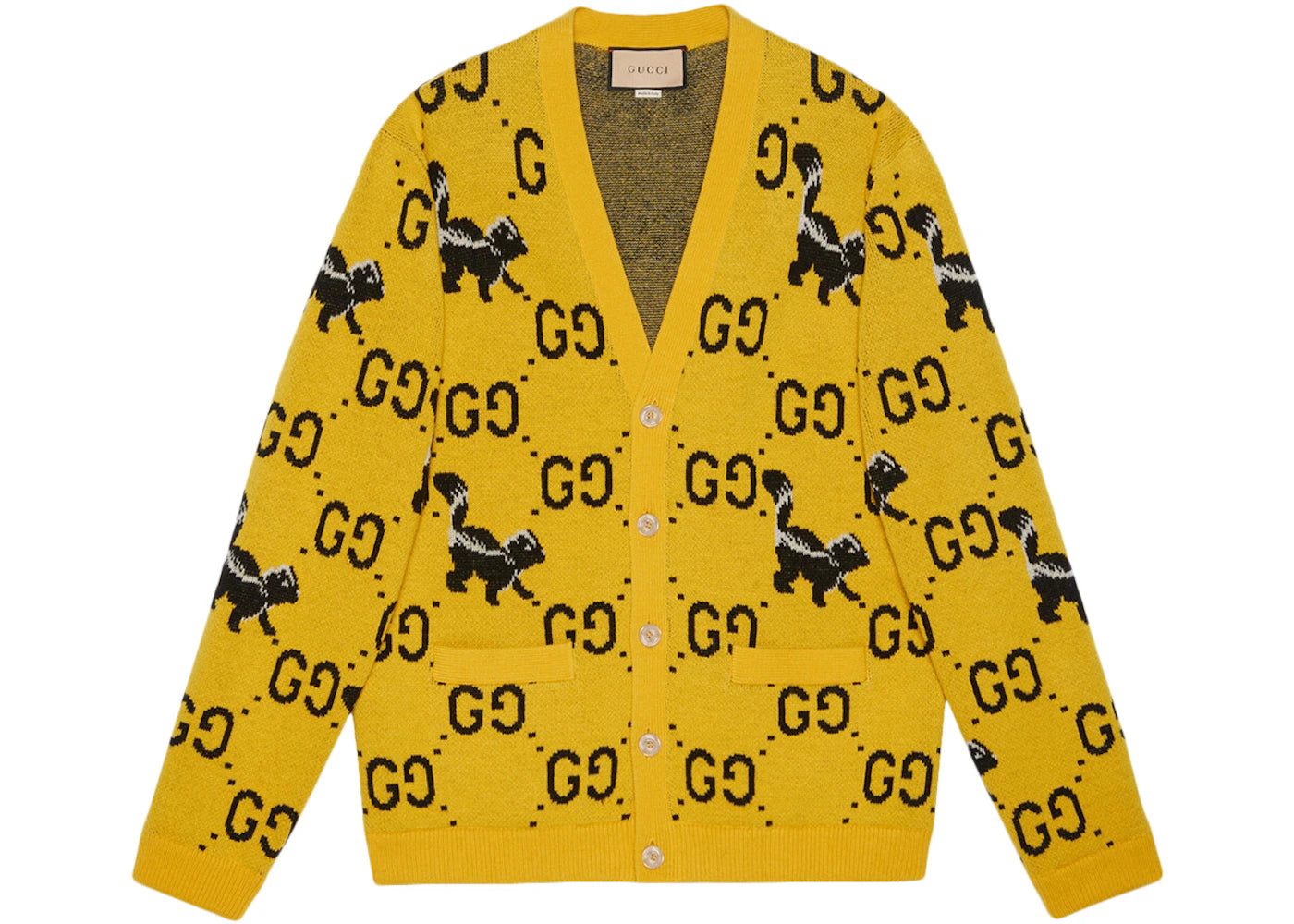 Gucci GG And Skunk Jacquard Wool Knit Cardigan Yellow/Black