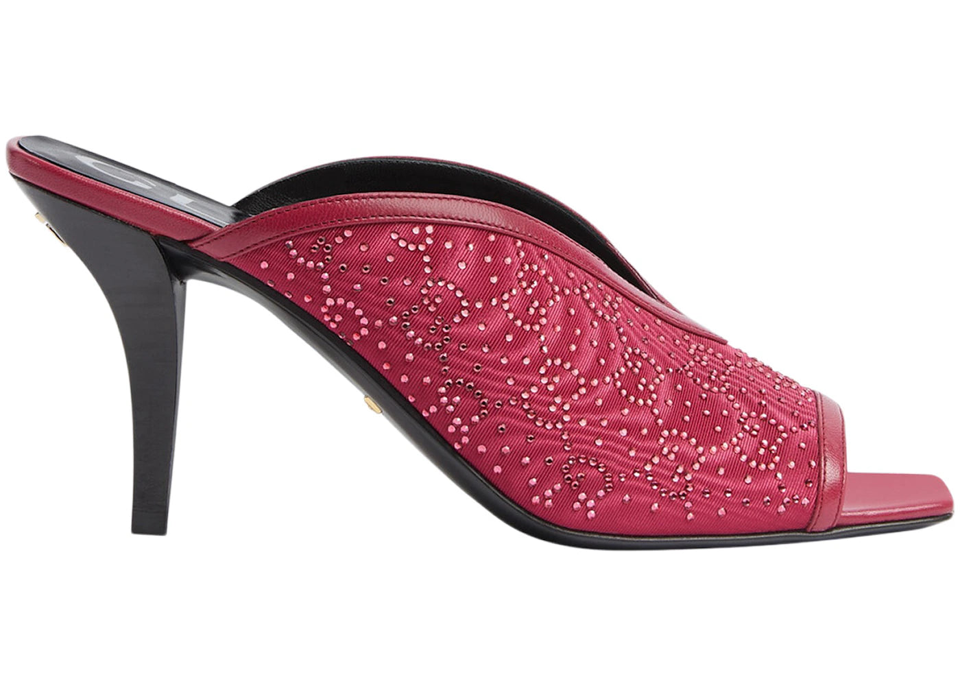 Gucci GG Crystal 75mm Heeled Sandal Cherry Red Moire Fabric