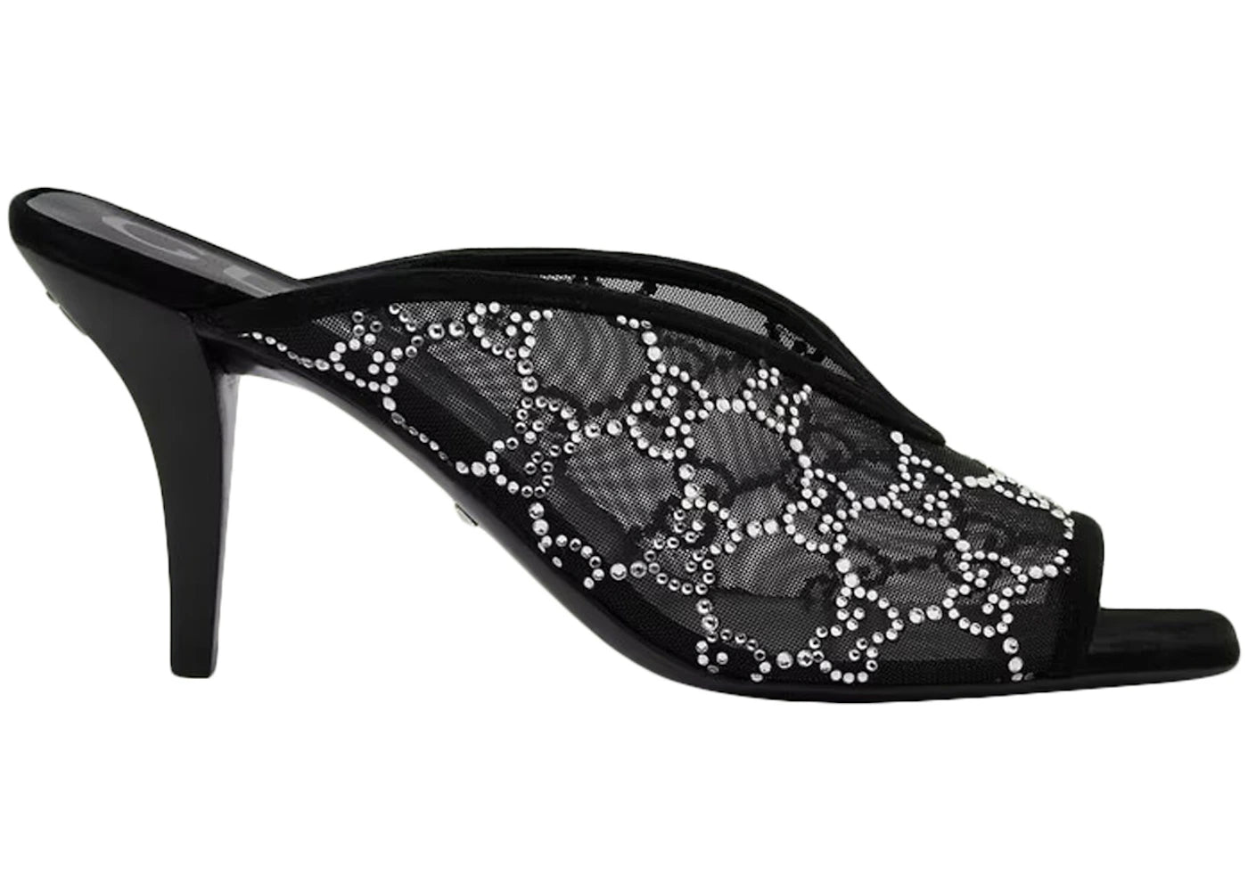 Gucci GG Crystal 75mm Heeled Sandal Black Mesh