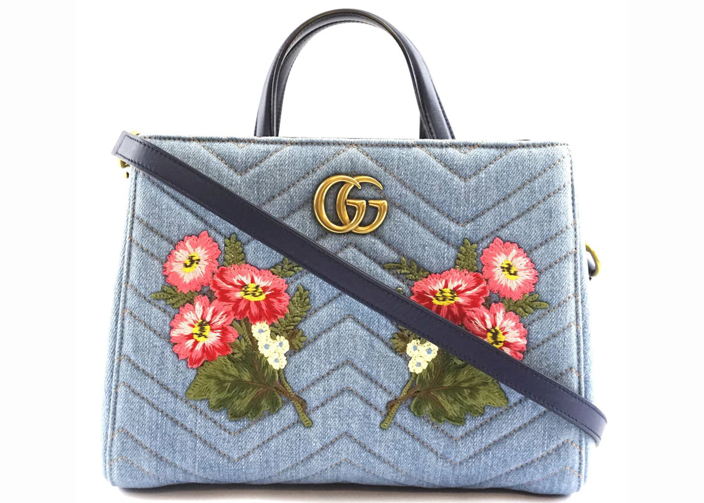 Gucci GG Mamont Tote Matelasse Denim Embroidered Flowers Small Blue