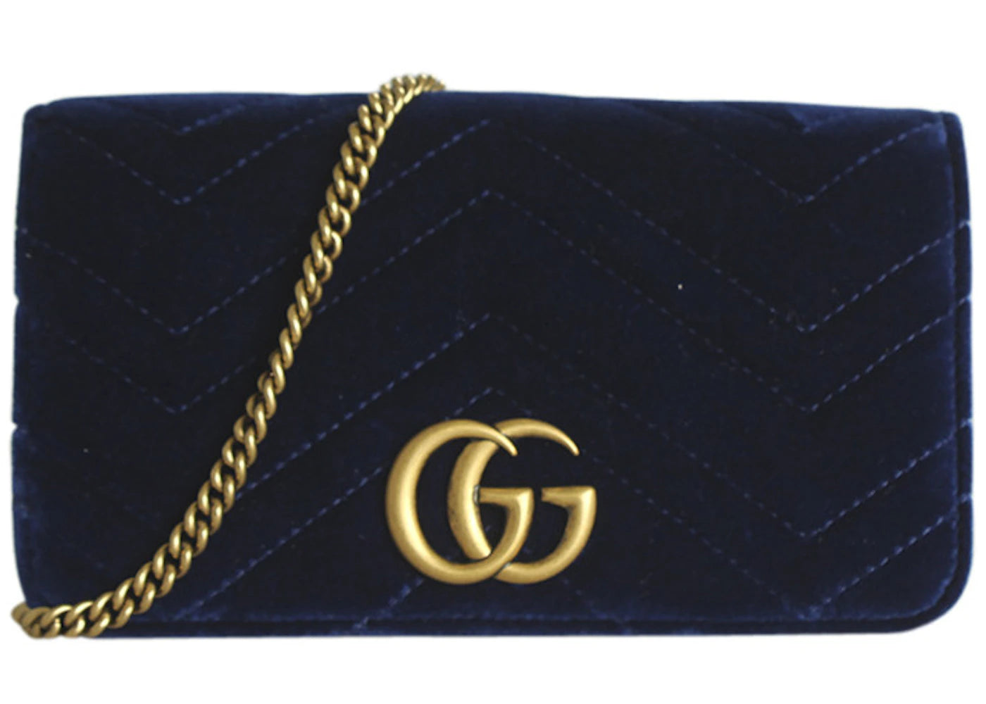 Gucci GG Marmont Chain Wallet Crossbody Velvet Navy