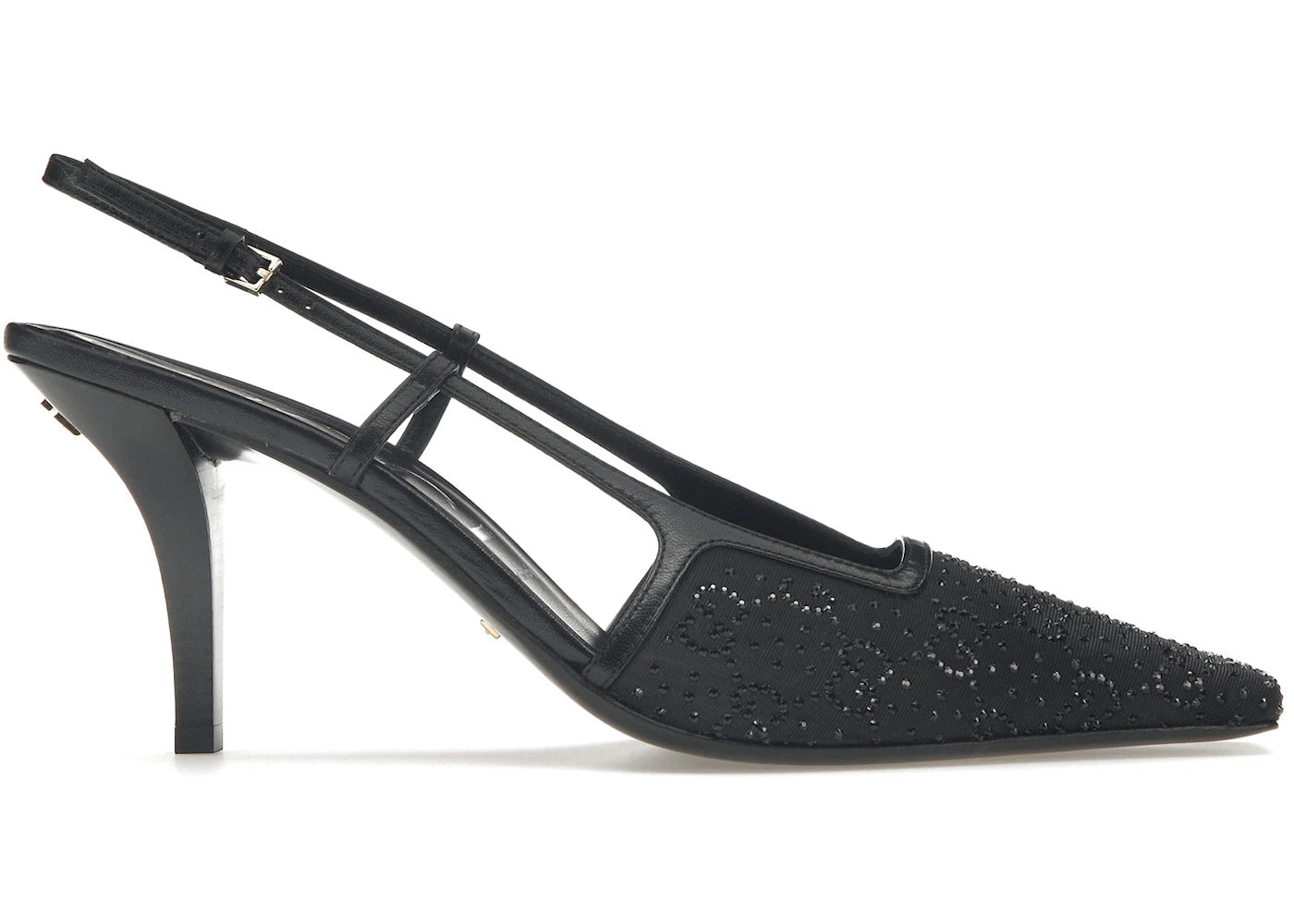 Gucci GG Slingback 75mm Pump Black Moire Fabric GG Crytsal Applique