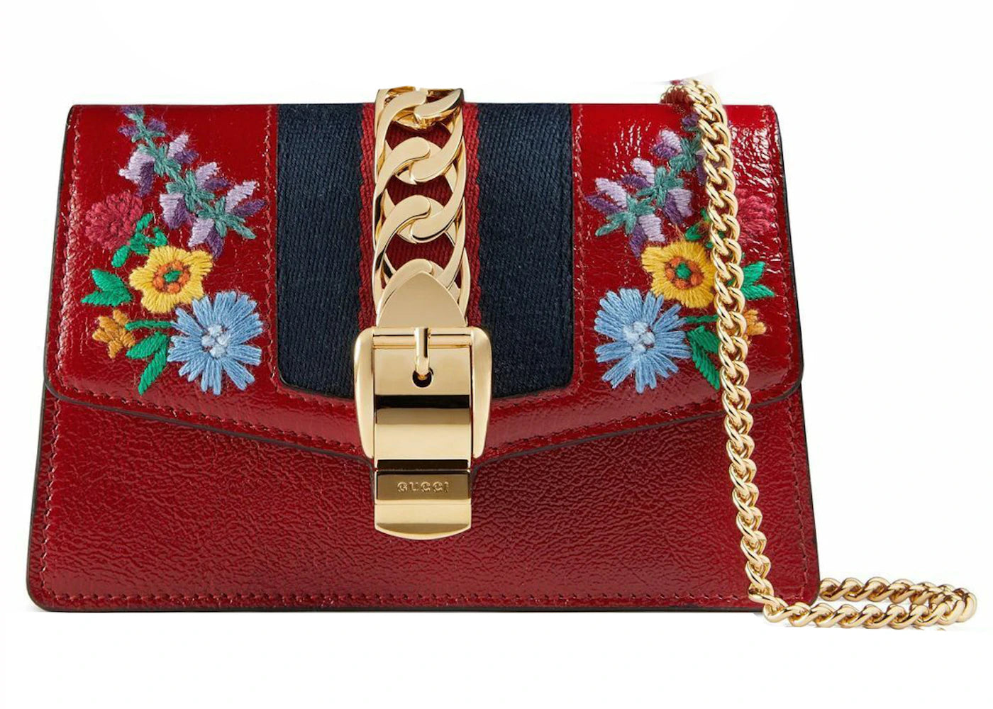 Gucci GG Super Mini Sylvie Embroidered Chain Wallet Bag Red