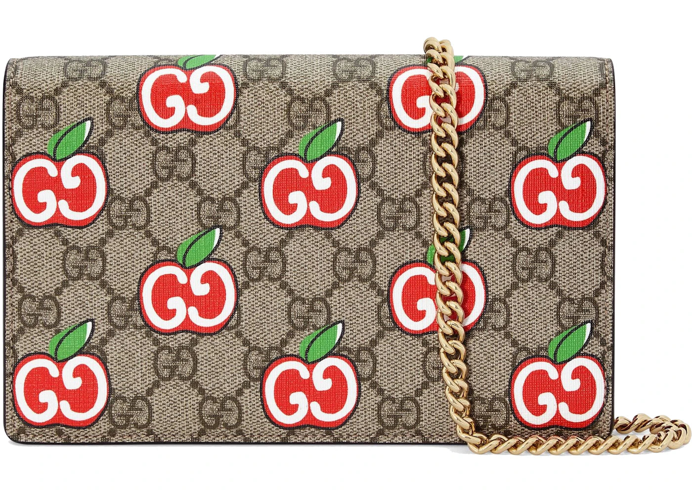 Gucci GG Supreme Monogram Apple Card Case Chain Wallet Brown