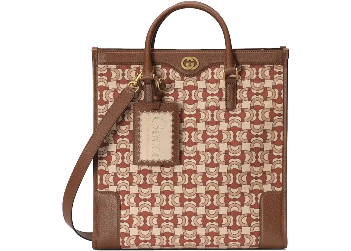 Gucci Interlocking G Horsebit Jacquard Tote Beige Dark Red