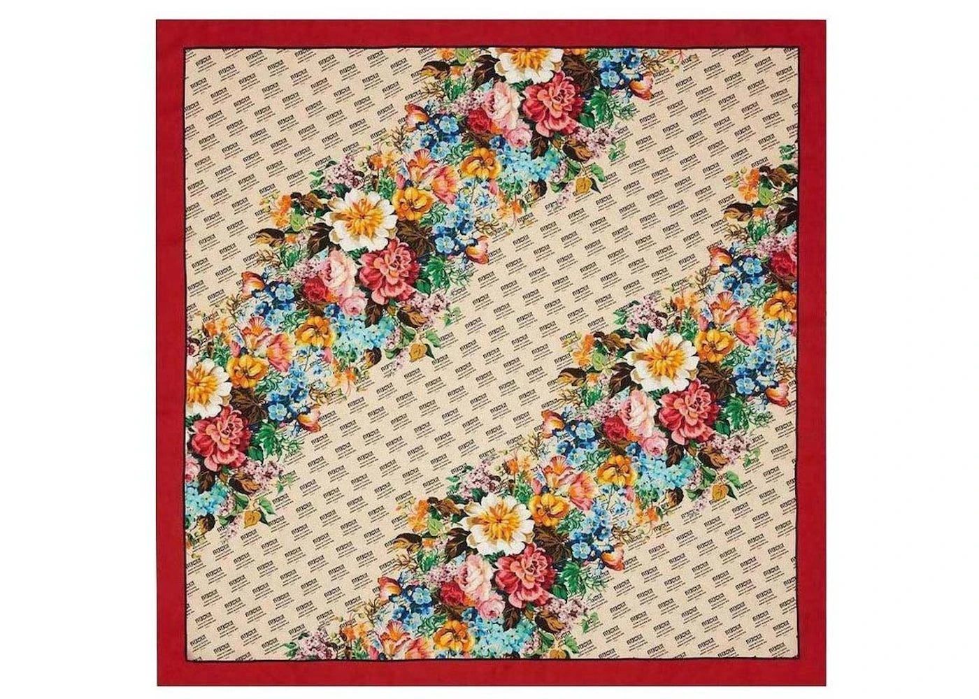 Gucci Logo Motif Floral Print Silk Scarf Beige/Red
